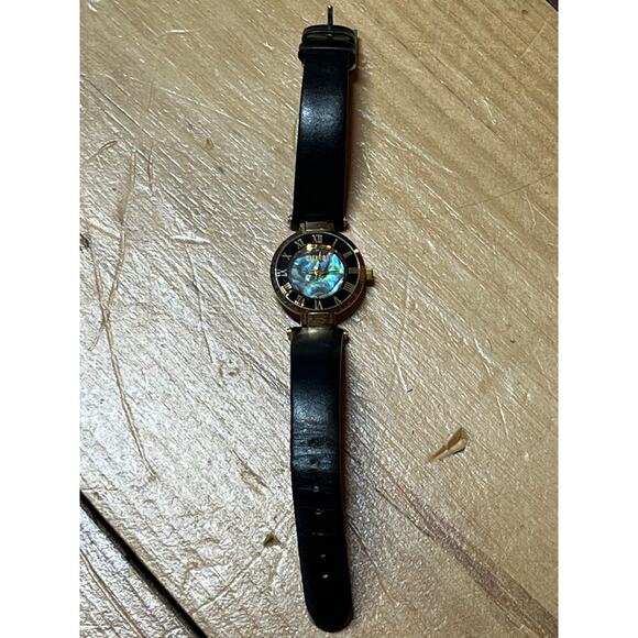 Women's GITANO Gold Tone Abalone Shell Dial Watch, Black Band. Roman numerals - Picture 4 of 9